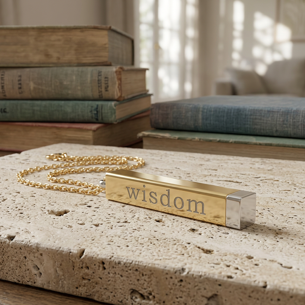 Hidden Message Sliding Bar Necklace — Engraved ‘Wisdom’ Sliding Pendant